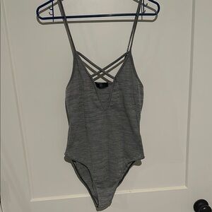 American Apparel Gray Bodysuit with Spaghetti Straps and Criss-Cross Back